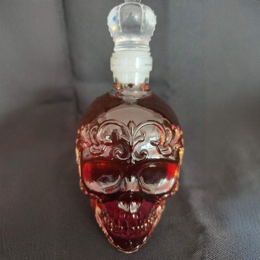 Ornate Skull Whiskey Decanter - Decorative Glass Spirit Bottle