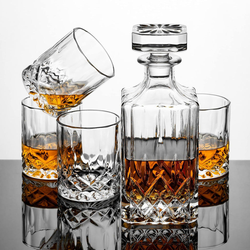Crystal Cut Whiskey Decanter Set - 750ml Bottle + 4 Tumbler Glasses