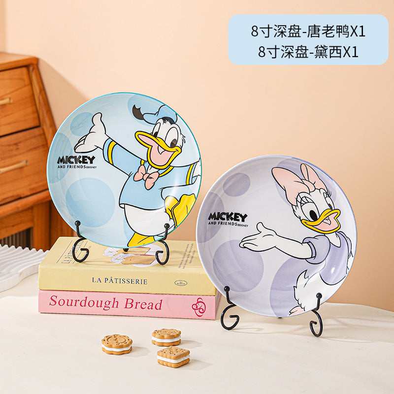 Disney Ceramic Plate High-Value Cartoon Round Plate Le You Mickey Household Underglaze Color Dish Plate High Temperature Resistant Deep Plate