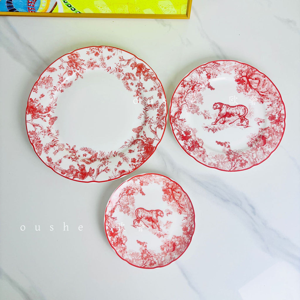 Jungle Tiger Bone China Dinner Plate Three-Piece Set Ruyi Printed Plate Flat Plate Fruit Plate Dessert Plate