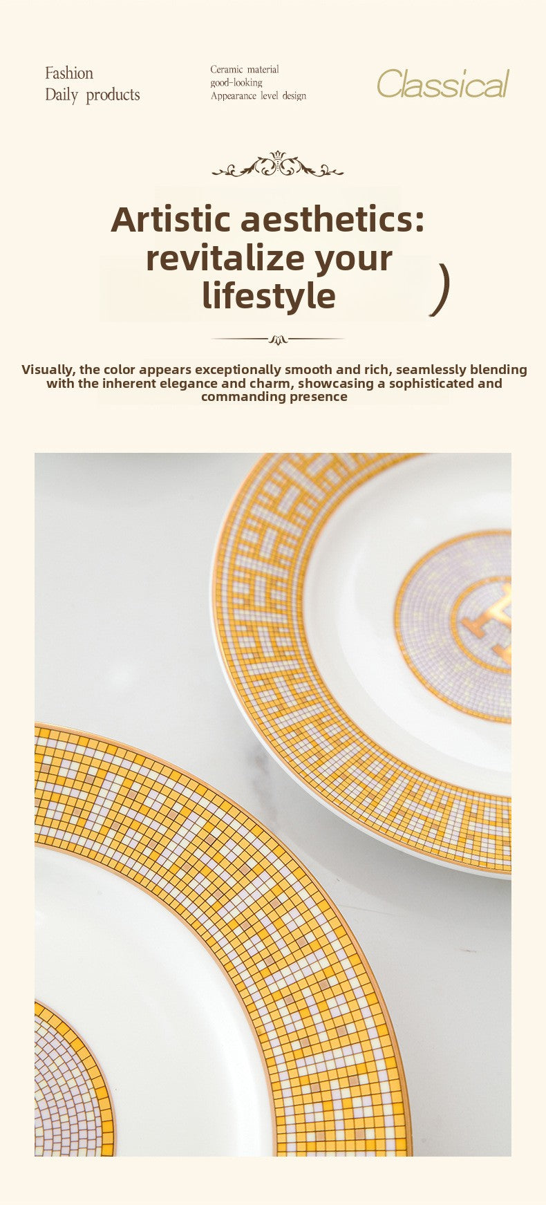 H European Style Round Plate Bone China Dish Plate Tableware Ceramic Plate Western Plate Light Luxury High-end Gold Trim