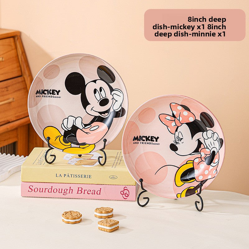 Disney Ceramic Plate High-Value Cartoon Round Plate Le You Mickey Household Underglaze Color Dish Plate High Temperature Resistant Deep Plate