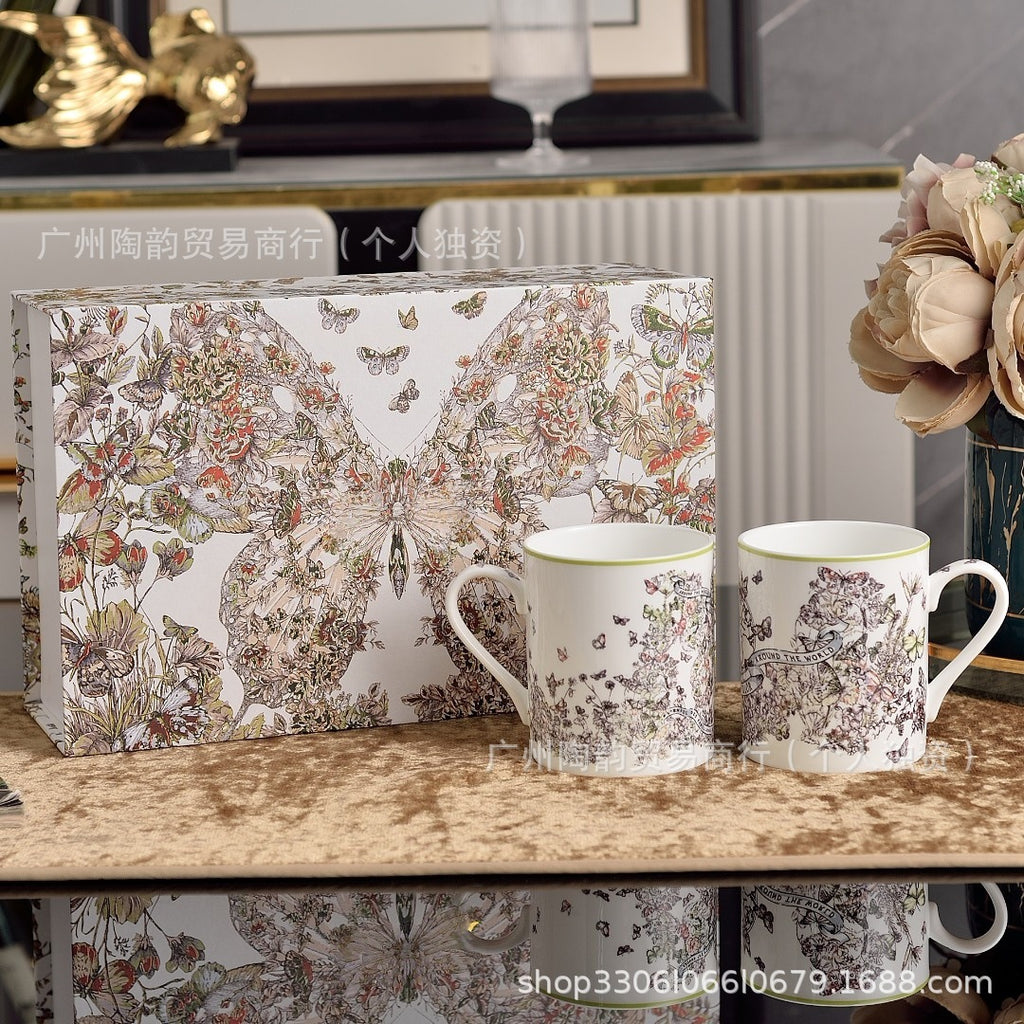 D Botanical & Butterfly Pattern Porcelain Coffee Cup & Saucer Set - Luxury Tableware