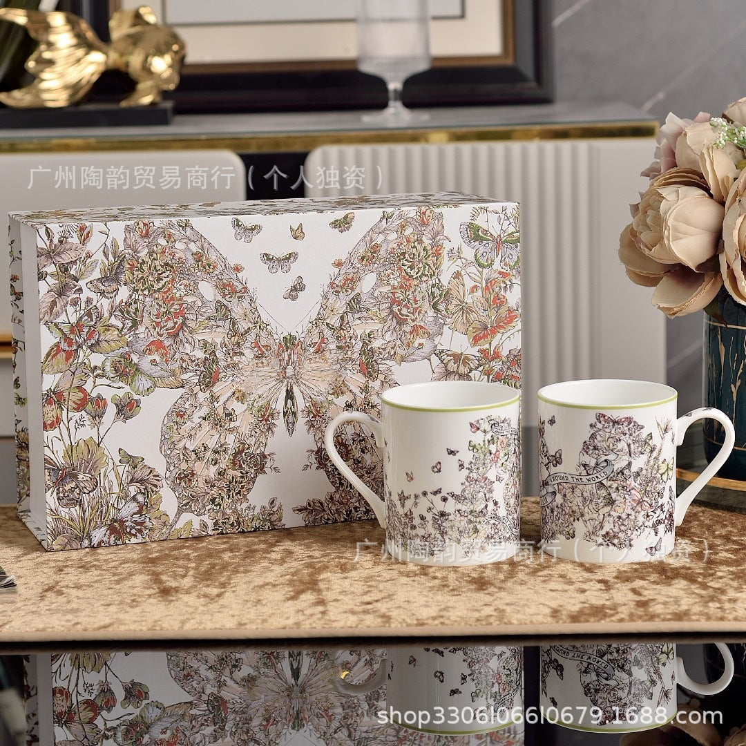D Botanical & Butterfly Pattern Porcelain Coffee Cup & Saucer Set - Luxury Tableware