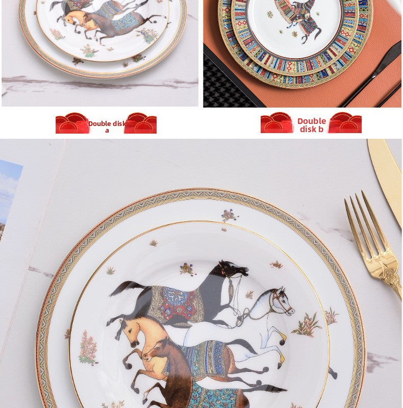 H Battle Horse Series Bone China Western Plate High-end Hotel Steak Plate 10inch Flat Plate