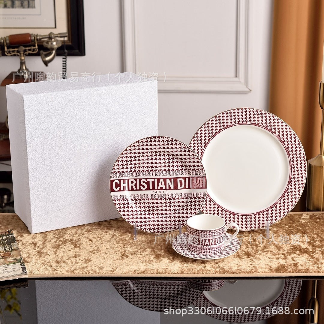 Christian Dior Style Houndstooth Ceramic Dinnerware Set - Luxury Tableware Collection