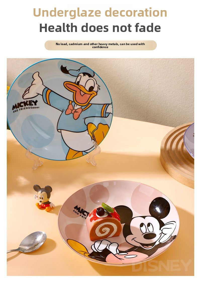 Disney Ceramic Plate High-Value Cartoon Round Plate Le You Mickey Household Underglaze Color Dish Plate High Temperature Resistant Deep Plate