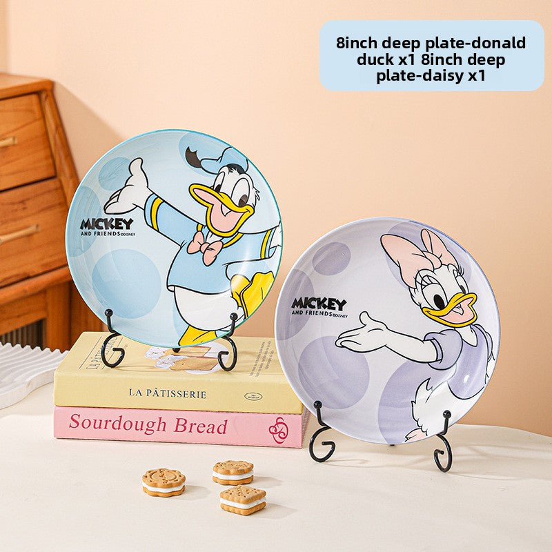Disney Ceramic Plate High-Value Cartoon Round Plate Le You Mickey Household Underglaze Color Dish Plate High Temperature Resistant Deep Plate
