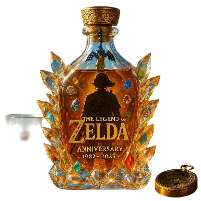 The Legend of Zelda Anniversary Whiskey Decanter - Crystal Triforce & Hero Themed Bottle