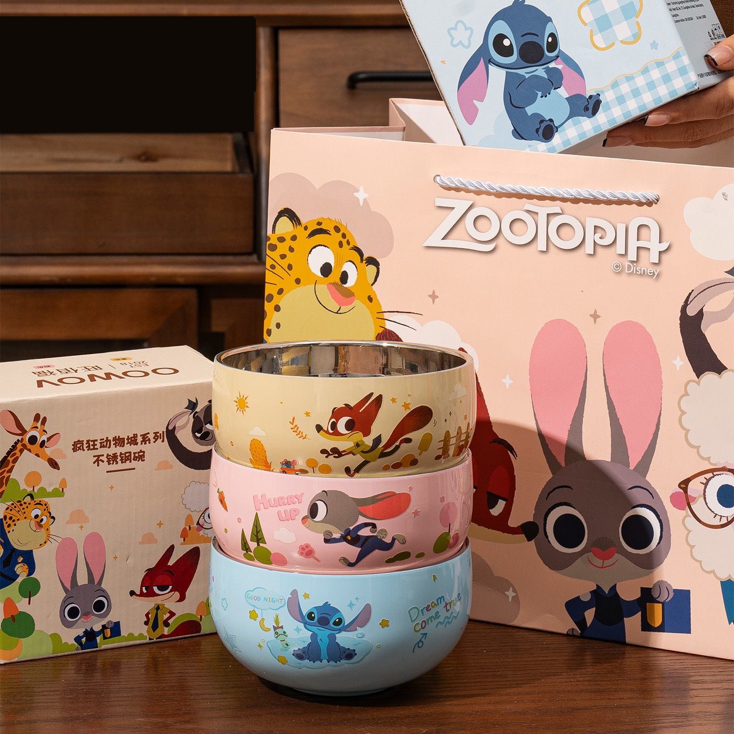 Zootopia & Stitch Stainless Steel Bowls Set - Cartoon Character Kids Tableware