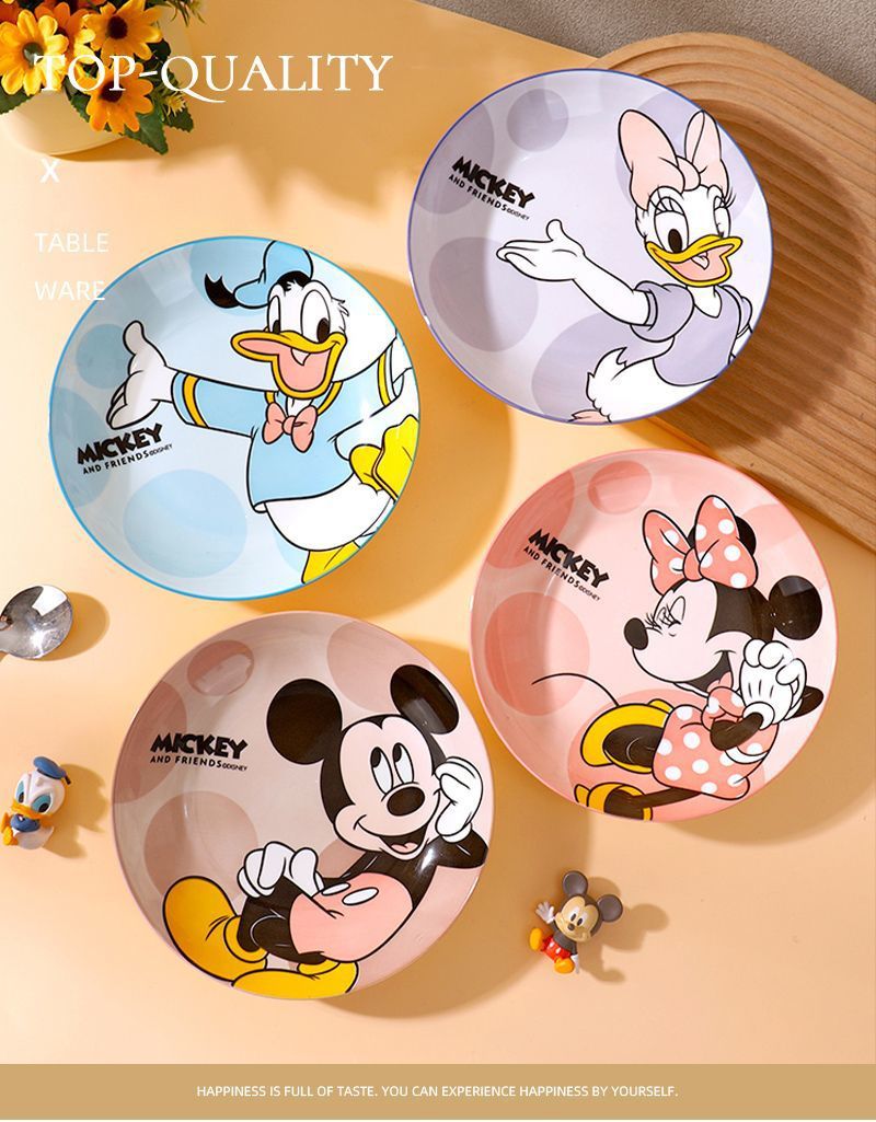Disney Ceramic Plate High-Value Cartoon Round Plate Le You Mickey Household Underglaze Color Dish Plate High Temperature Resistant Deep Plate