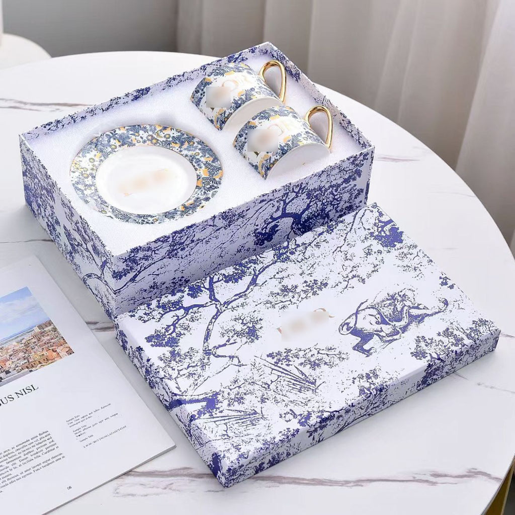 High-end Exquisite Ceramic Western Plate D Home Blue Gold Afternoon Tea Dessert Plate Coffee Cup Pastry Fruit Plate