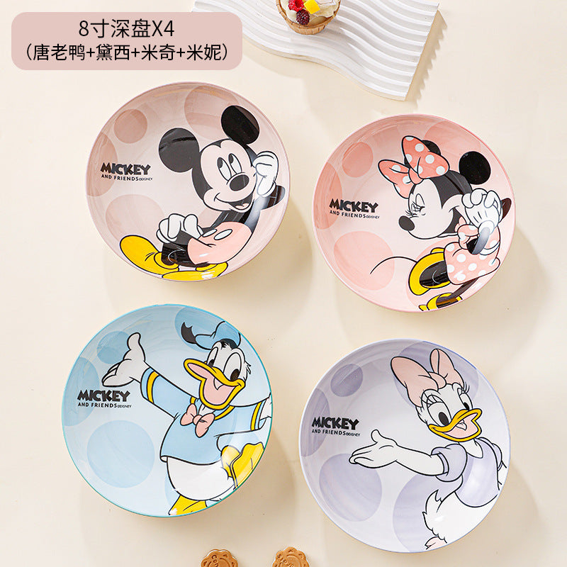 Disney Ceramic Plate High-Value Cartoon Round Plate Le You Mickey Household Underglaze Color Dish Plate High Temperature Resistant Deep Plate