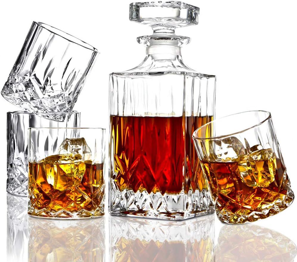 Crystal Cut Whiskey Decanter Set - 750ml Bottle + 4 Tumbler Glasses