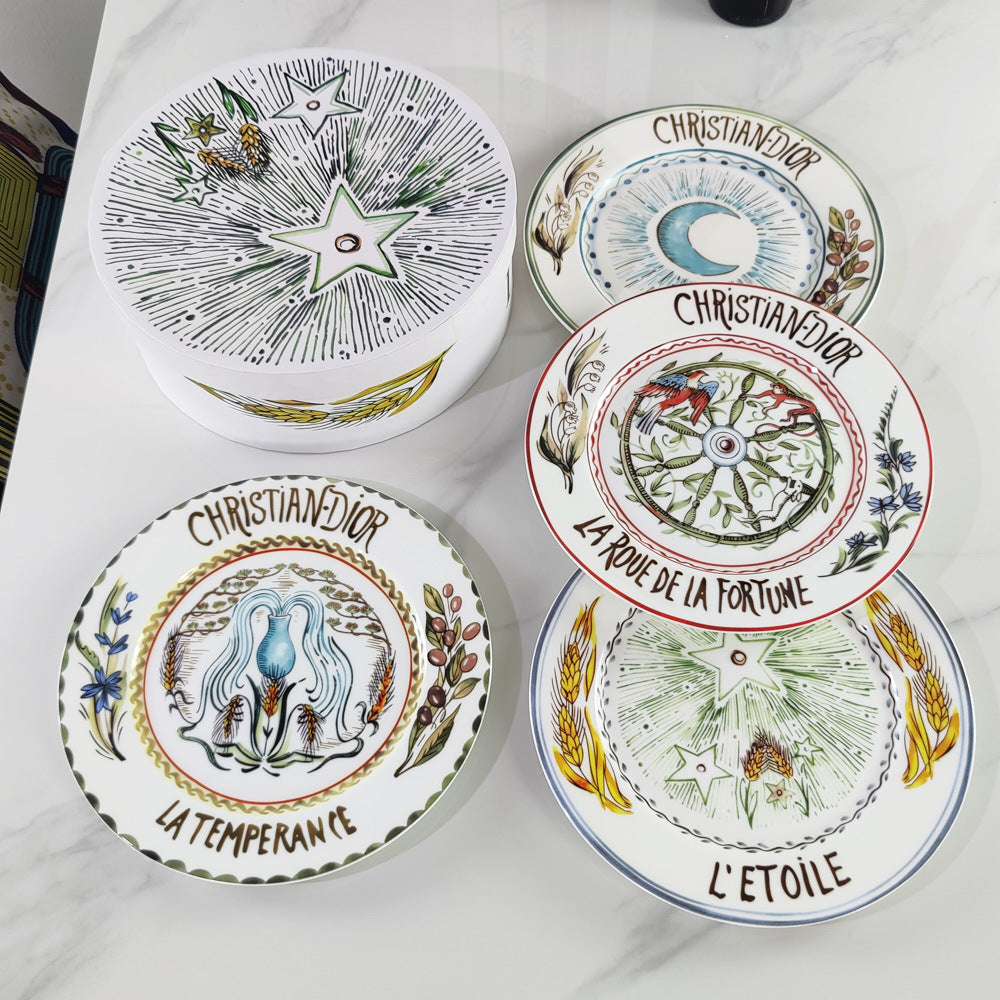 D Brand High-End Exquisite Bone China Western Plate Sun Moon Stars 8inch Flat Plate Steak Salad Ceramic 4-Piece Set