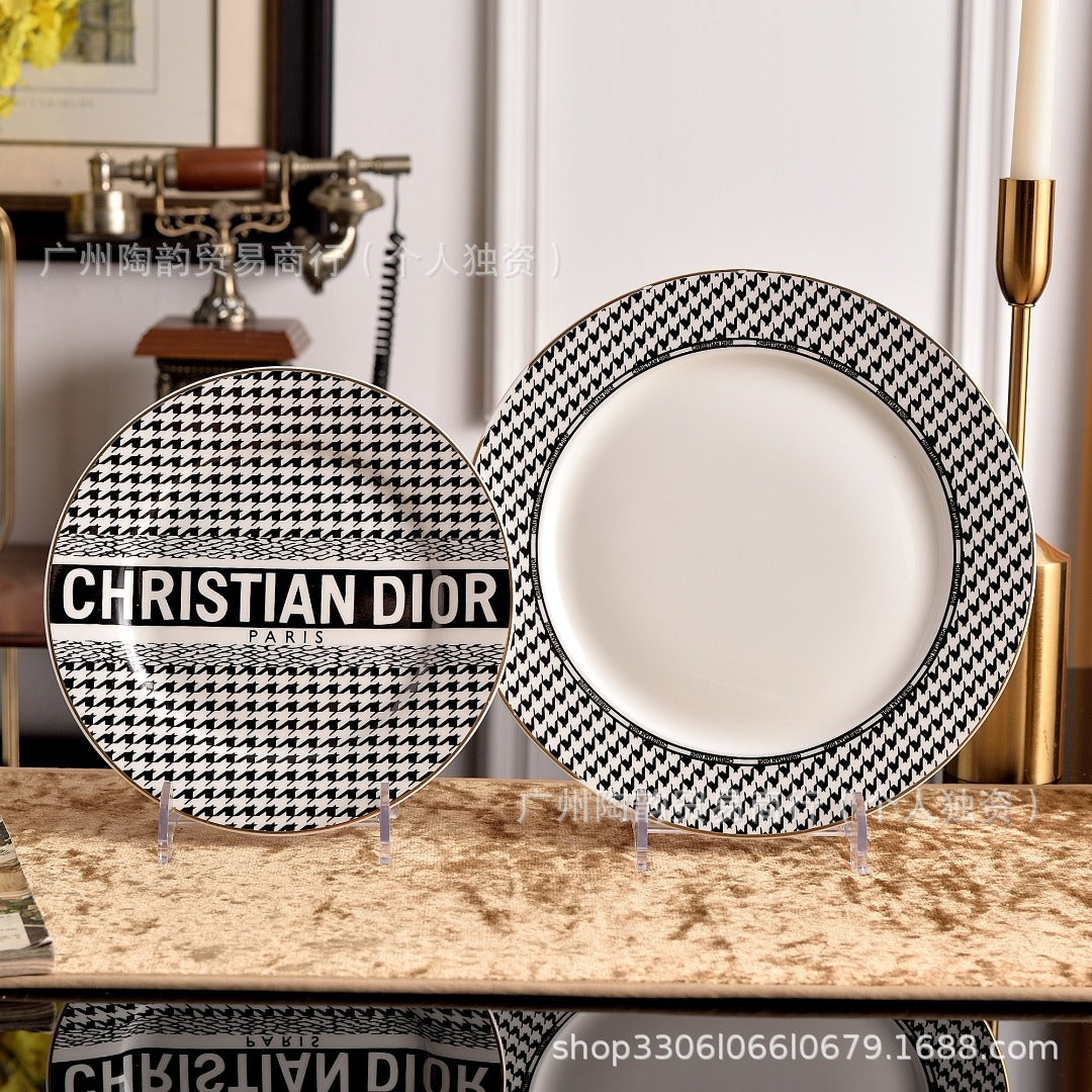 Christian Dior Style Houndstooth Ceramic Dinnerware Set - Luxury Tableware Collection