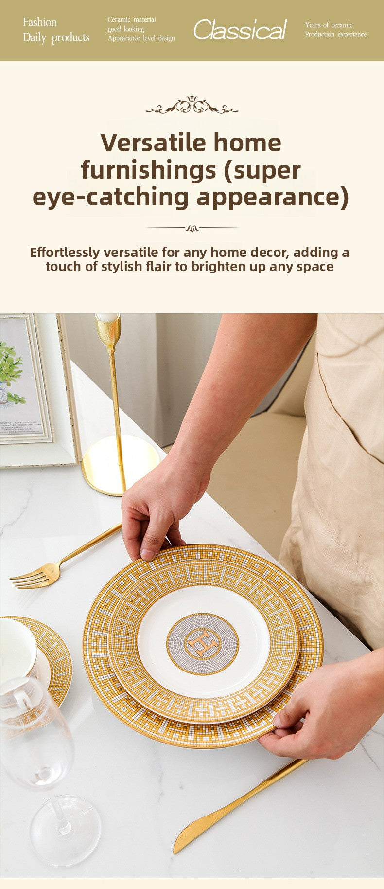 H European Style Round Plate Bone China Dish Plate Tableware Ceramic Plate Western Plate Light Luxury High-end Gold Trim