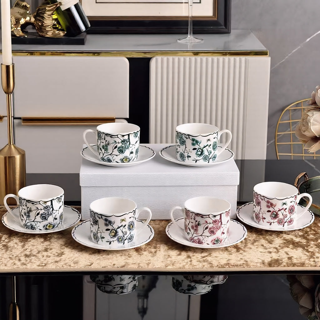 D 6-Piece Floral Scalloped Rim Tea Cup & Saucer Set - Porcelain Coffee Gift Box