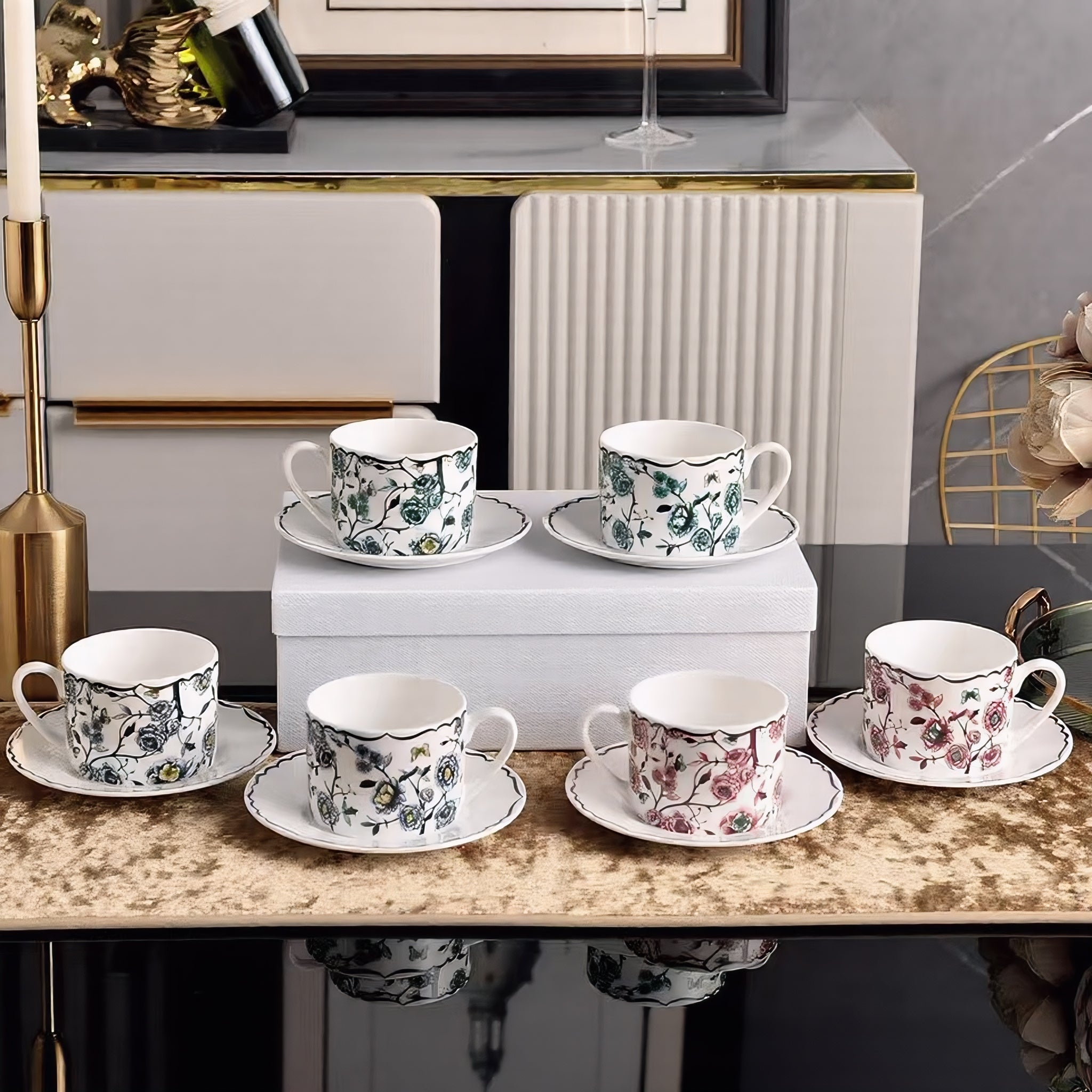 D 6-Piece Floral Scalloped Rim Tea Cup & Saucer Set - Porcelain Coffee Gift Box