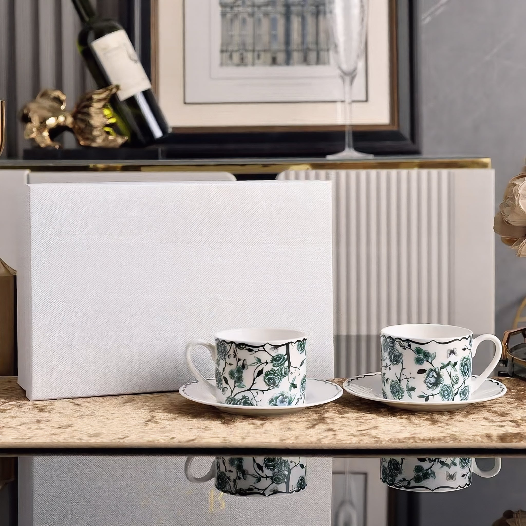 D 6-Piece Floral Scalloped Rim Tea Cup & Saucer Set - Porcelain Coffee Gift Box