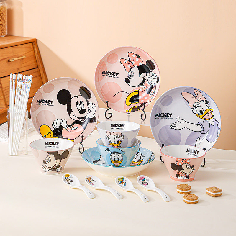 Disney Ceramic Plate High-Value Cartoon Round Plate Le You Mickey Household Underglaze Color Dish Plate High Temperature Resistant Deep Plate