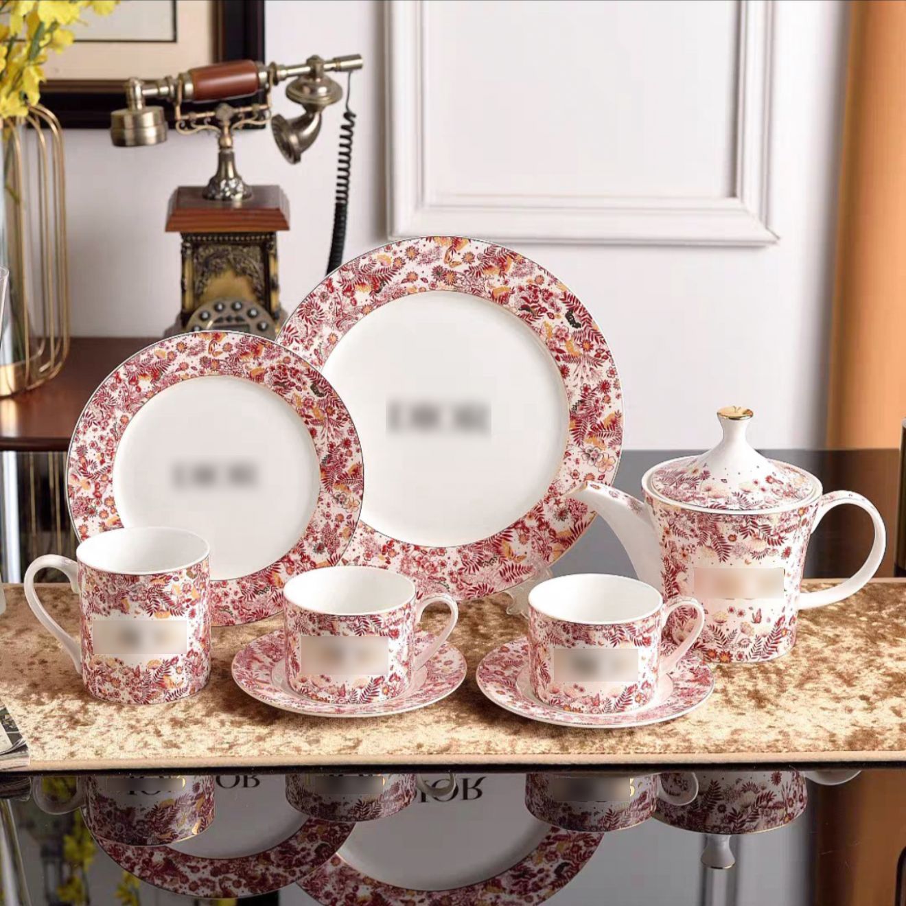 High-end Exquisite Ceramic Western Plate D Home Blue Gold Afternoon Tea Dessert Plate Coffee Cup Pastry Fruit Plate