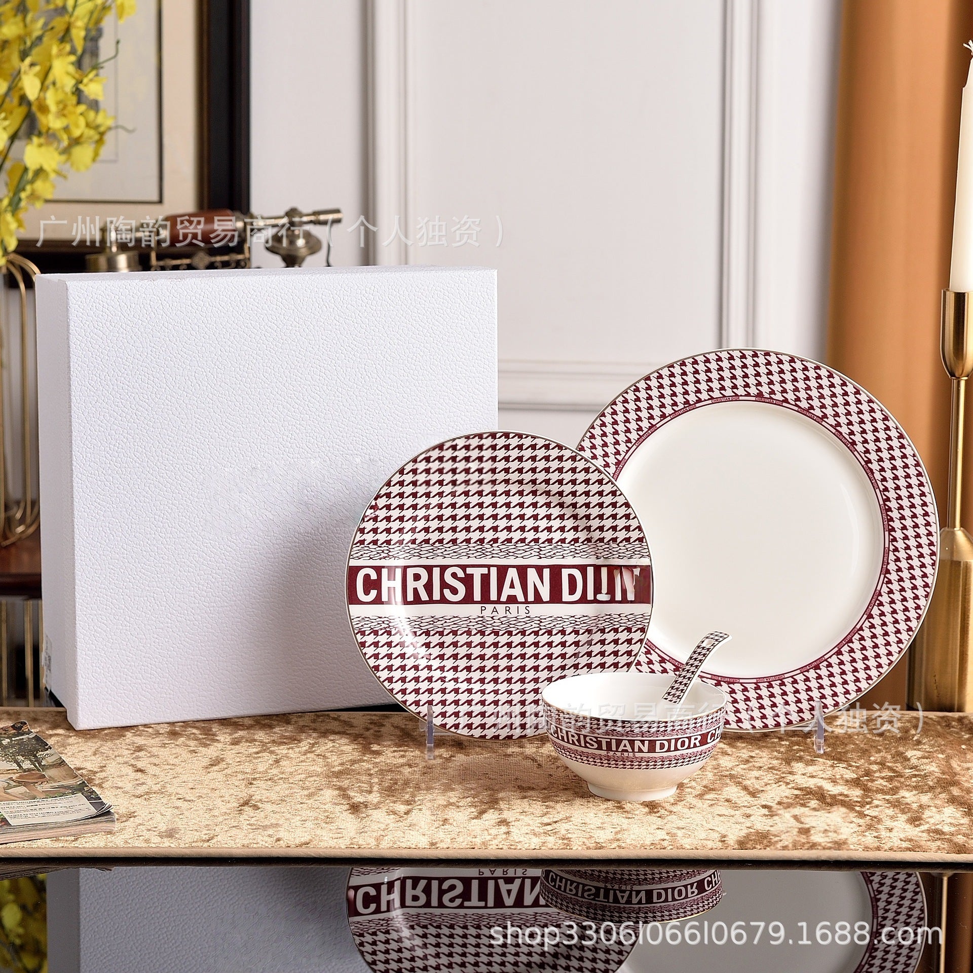 Christian Dior Style Houndstooth Ceramic Dinnerware Set - Luxury Tableware Collection
