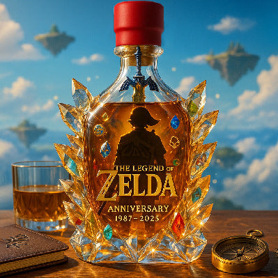 The Legend of Zelda Anniversary Whiskey Decanter - Crystal Triforce & Hero Themed Bottle