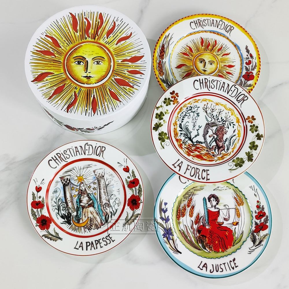 D Brand High-End Exquisite Bone China Western Plate Sun Moon Stars 8inch Flat Plate Steak Salad Ceramic 4-Piece Set