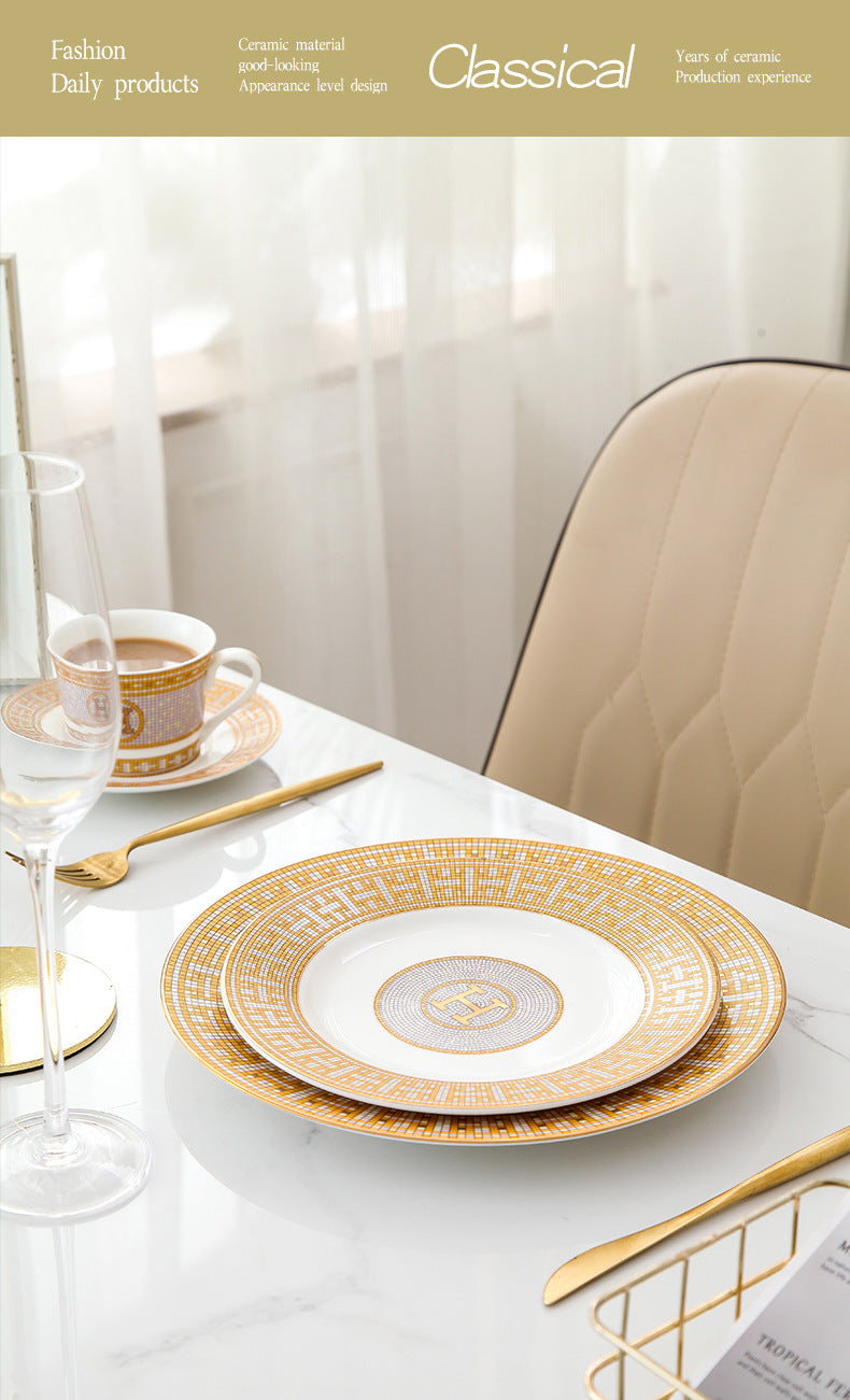H European Style Round Plate Bone China Dish Plate Tableware Ceramic Plate Western Plate Light Luxury High-end Gold Trim