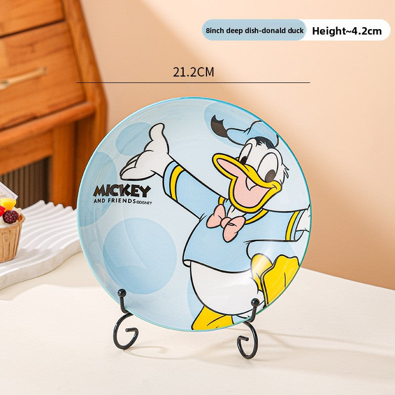 Disney Ceramic Plate High-Value Cartoon Round Plate Le You Mickey Household Underglaze Color Dish Plate High Temperature Resistant Deep Plate