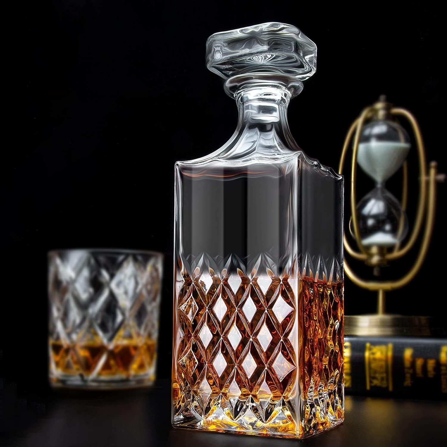 Crystal Cut Whiskey Decanter Set - 750ml Bottle + 4 Tumbler Glasses