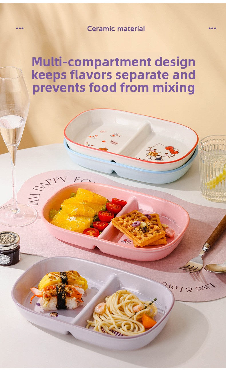 Authentic Sanrio Tableware Kuromi 2-Compartment Plate Children's Food Supplement Plate Ceramic High Temperature Resistant Baking Plate Baby Square Plate