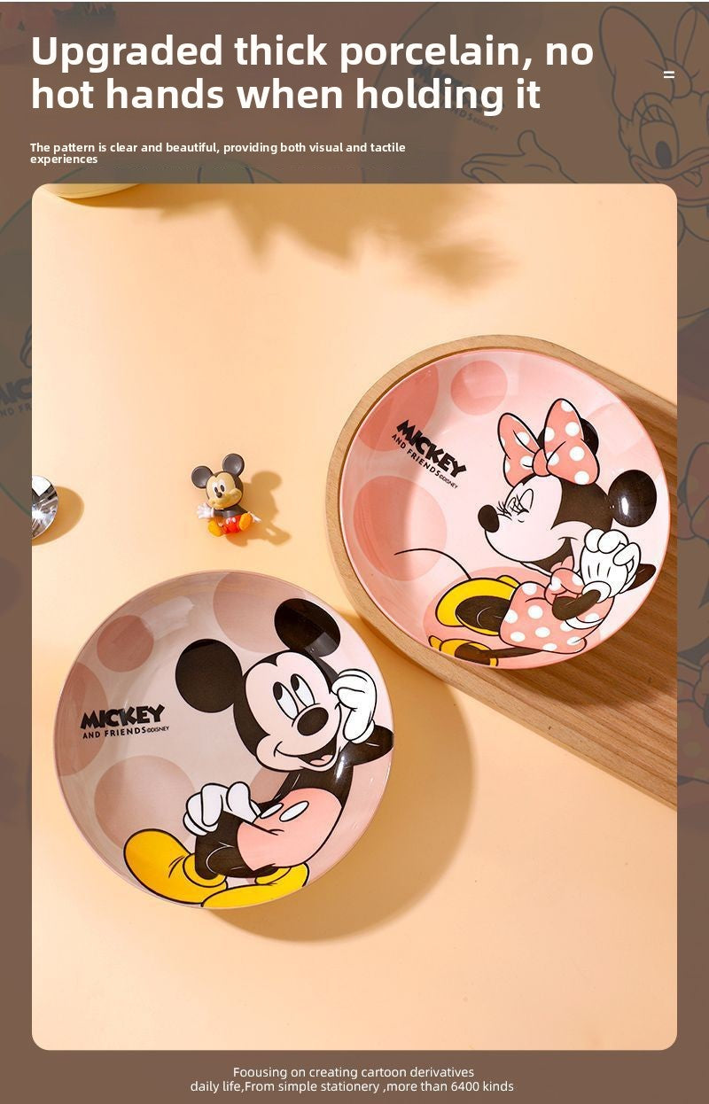 Disney Ceramic Plate High-Value Cartoon Round Plate Le You Mickey Household Underglaze Color Dish Plate High Temperature Resistant Deep Plate