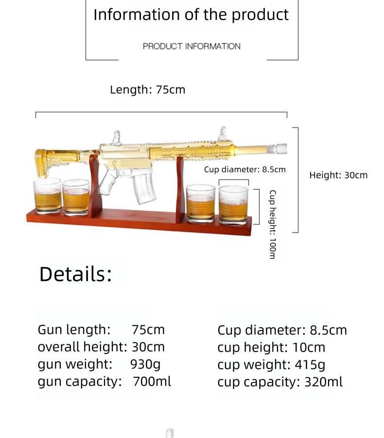 700ml Submachine Gun Whiskey Decanter Set - Full Rifle-Shaped Glass Decanter with Stand & Glasses