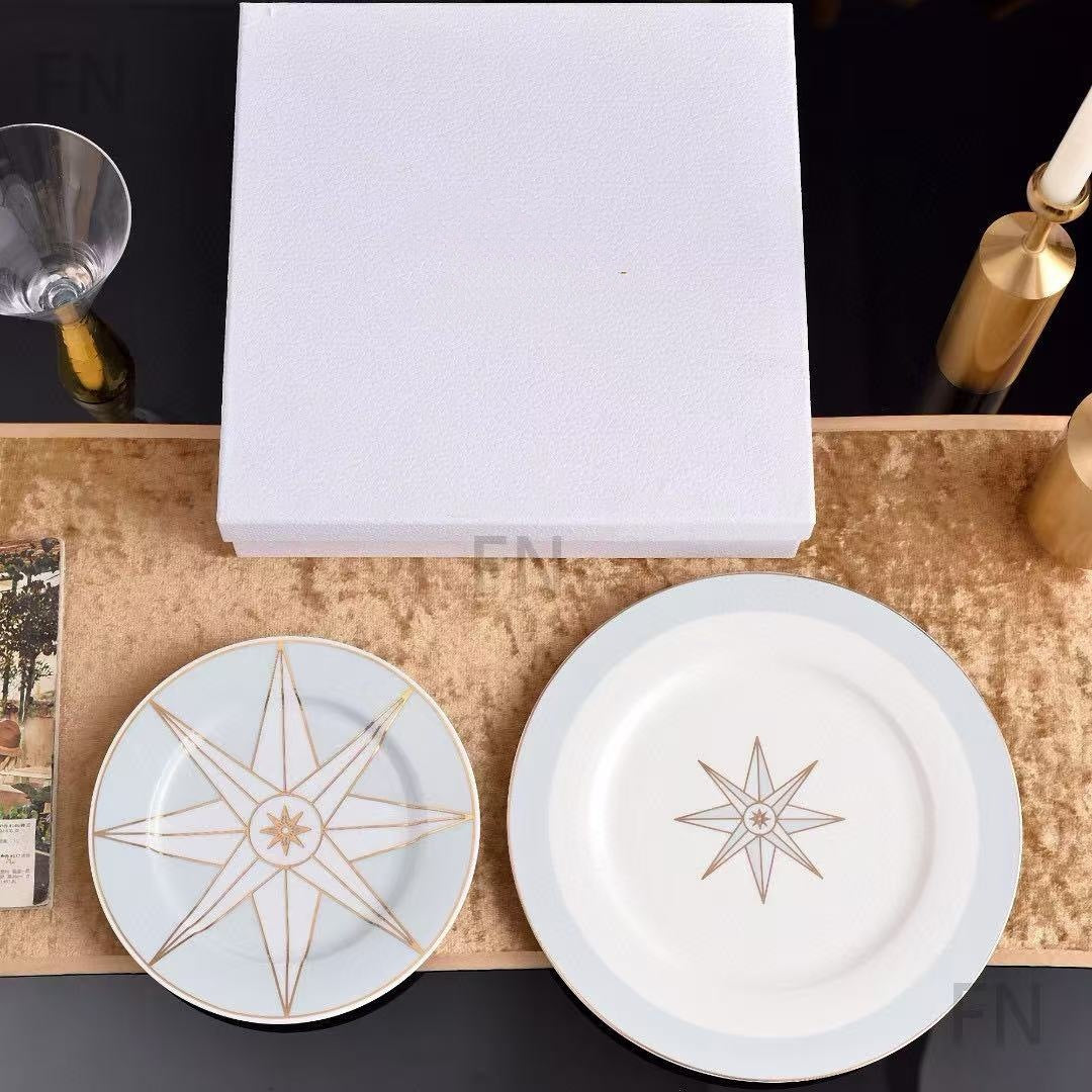 D Family Lucky Star Series Light Luxury High-Value Bone China Tableware Plate Dessert Plate Double Cup Saucer Friend Client Gift