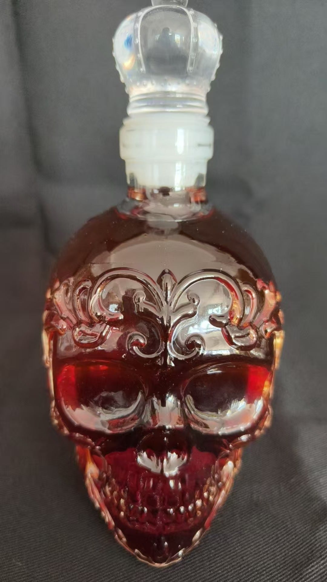 Ornate Skull Whiskey Decanter - Decorative Glass Spirit Bottle