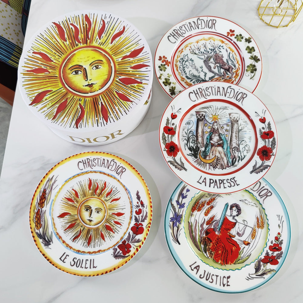 D Brand High-End Exquisite Bone China Western Plate Sun Moon Stars 8inch Flat Plate Steak Salad Ceramic 4-Piece Set
