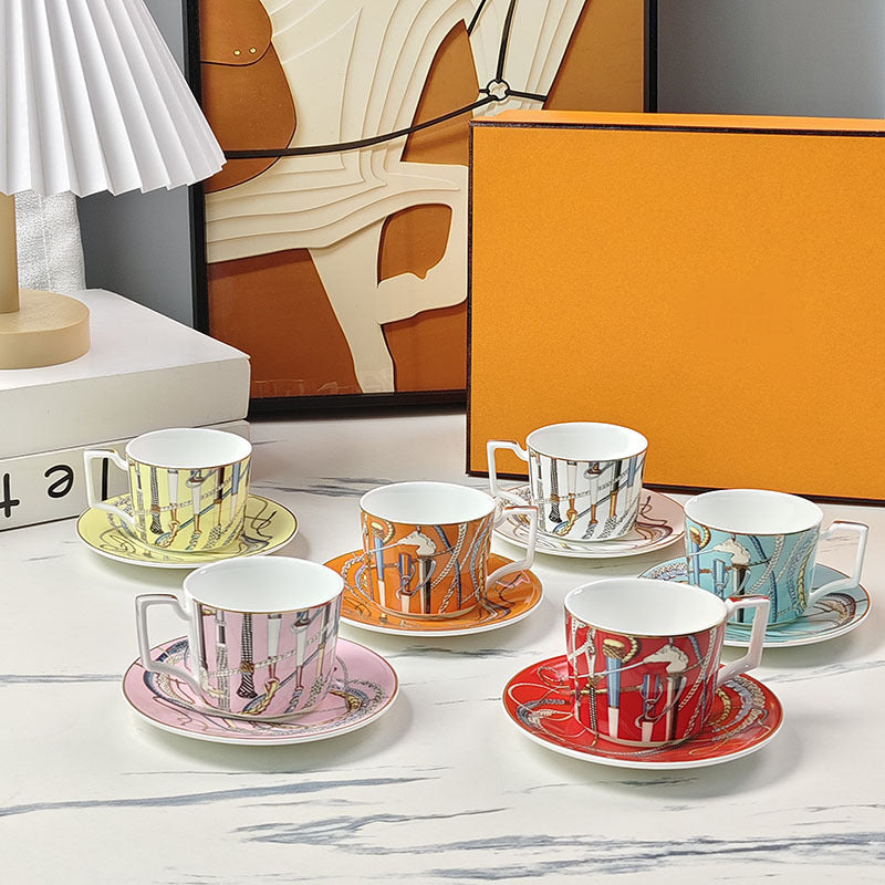 H Home Colorful Staff Concentrated Coffee Cup and Saucer European Style Household Bone China Cup and Saucer Light Luxury Retro Gift