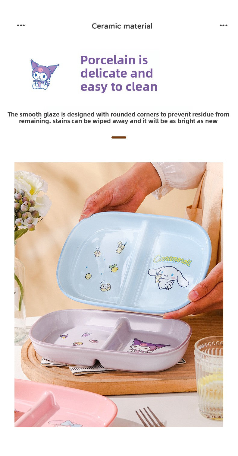 Authentic Sanrio Tableware Kuromi 2-Compartment Plate Children's Food Supplement Plate Ceramic High Temperature Resistant Baking Plate Baby Square Plate