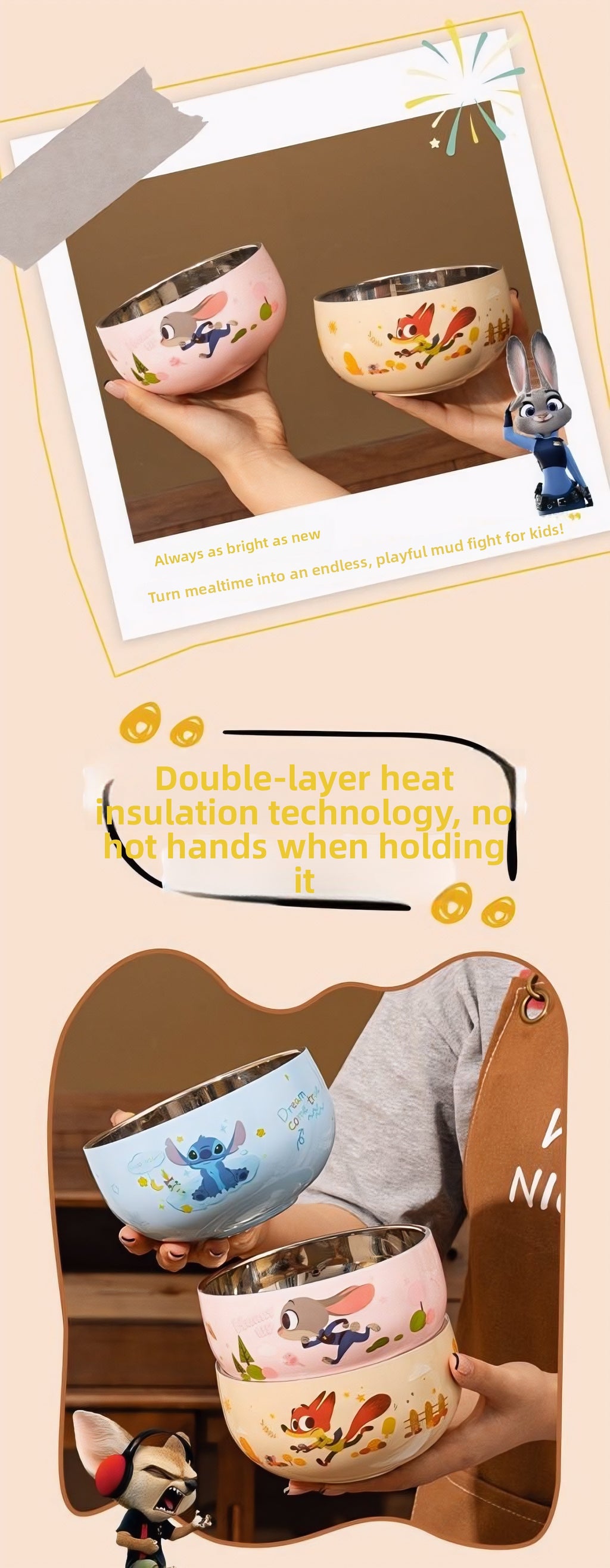 Zootopia & Stitch Stainless Steel Bowls Set - Cartoon Character Kids Tableware