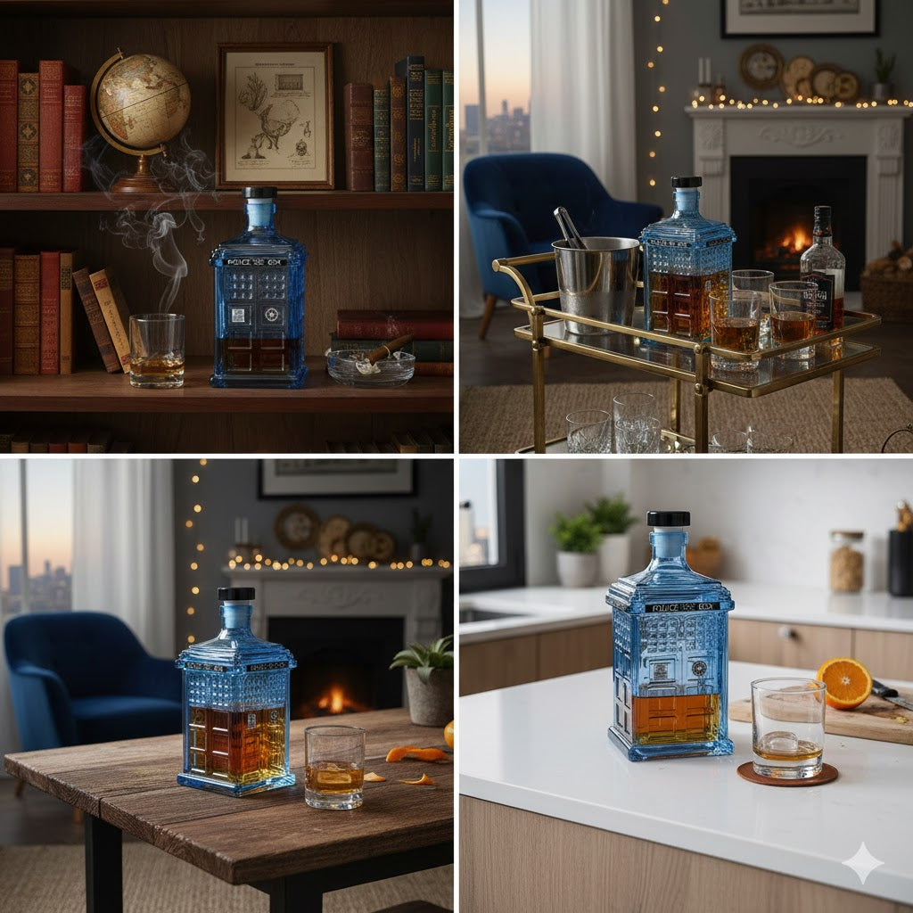 500ml TARDIS Shaped Whiskey Bottle - Dr Who Barware, Unique Sci-Fi Whiskey Gift for Fans, Stylish Blue Glass Liquor Container for Home Bars