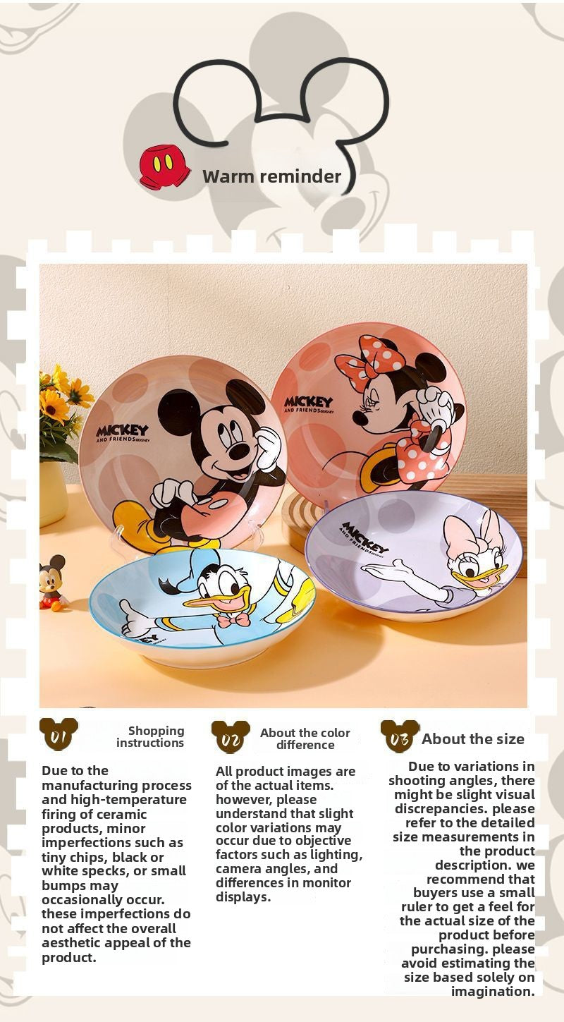 Disney Ceramic Plate High-Value Cartoon Round Plate Le You Mickey Household Underglaze Color Dish Plate High Temperature Resistant Deep Plate