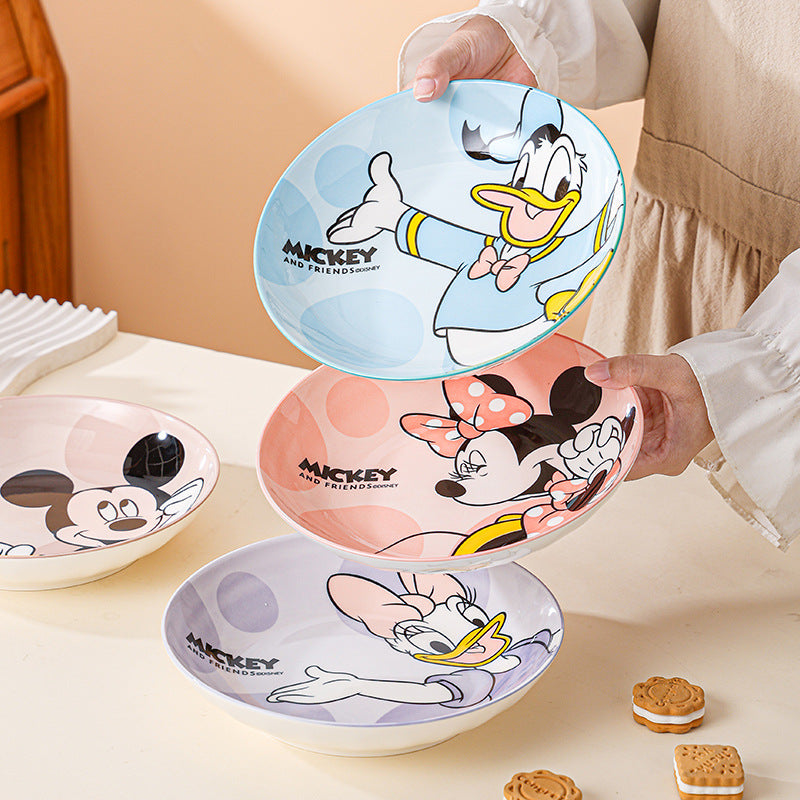 Disney Ceramic Plate High-Value Cartoon Round Plate Le You Mickey Household Underglaze Color Dish Plate High Temperature Resistant Deep Plate