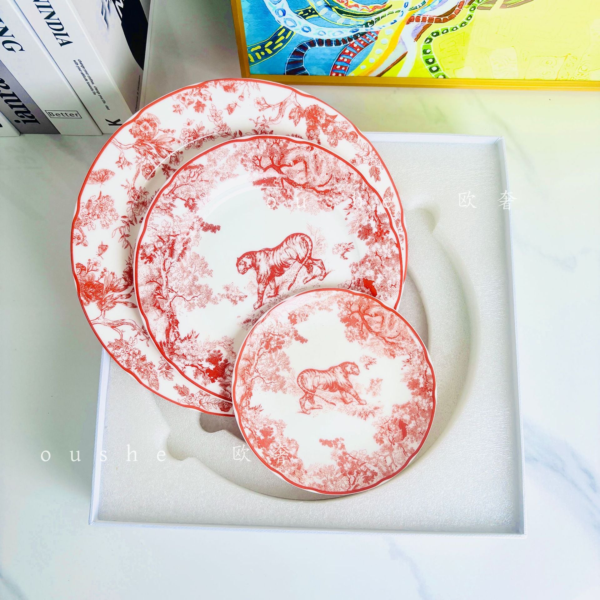 Jungle Tiger Bone China Dinner Plate Three-Piece Set Ruyi Printed Plate Flat Plate Fruit Plate Dessert Plate