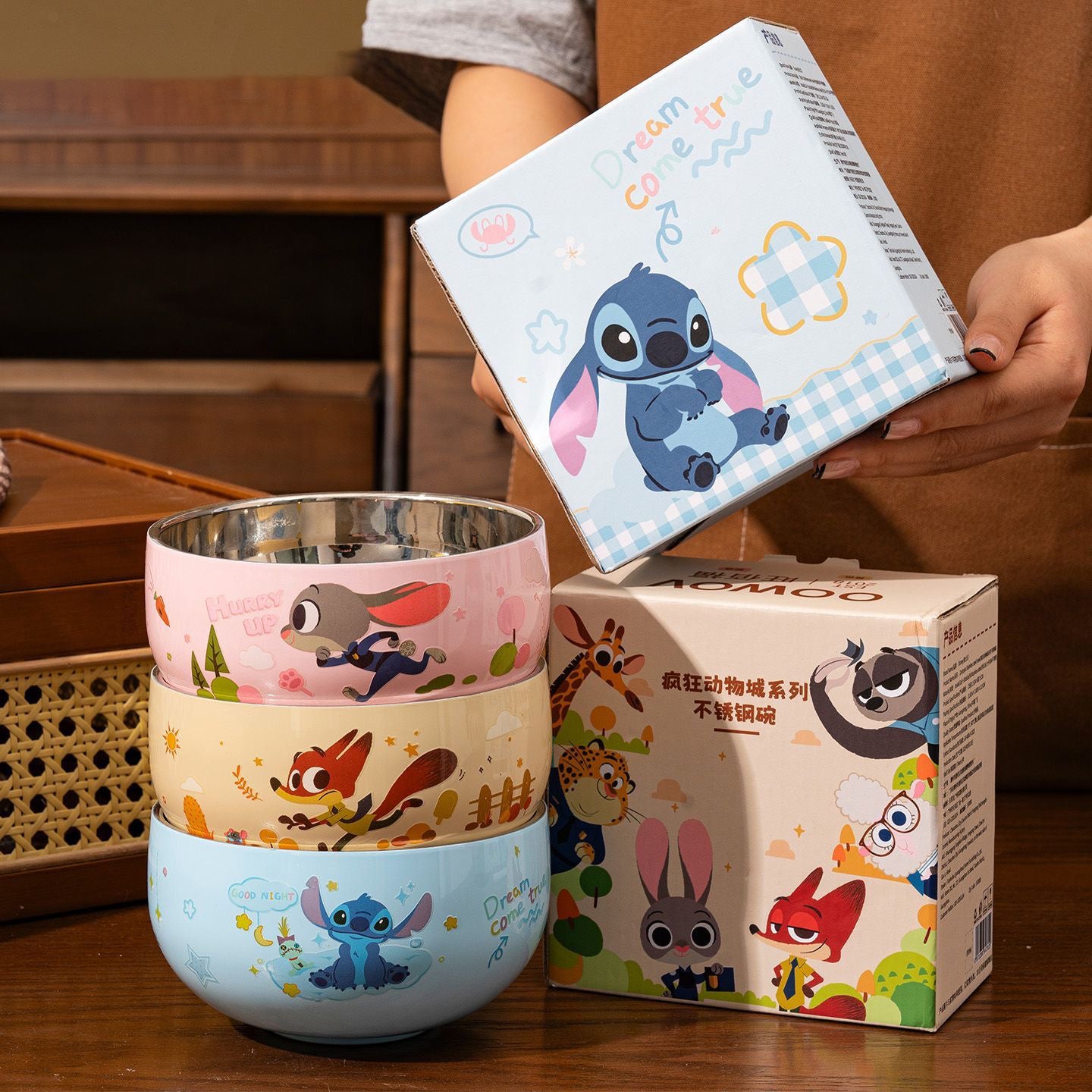Zootopia & Stitch Stainless Steel Bowls Set - Cartoon Character Kids Tableware