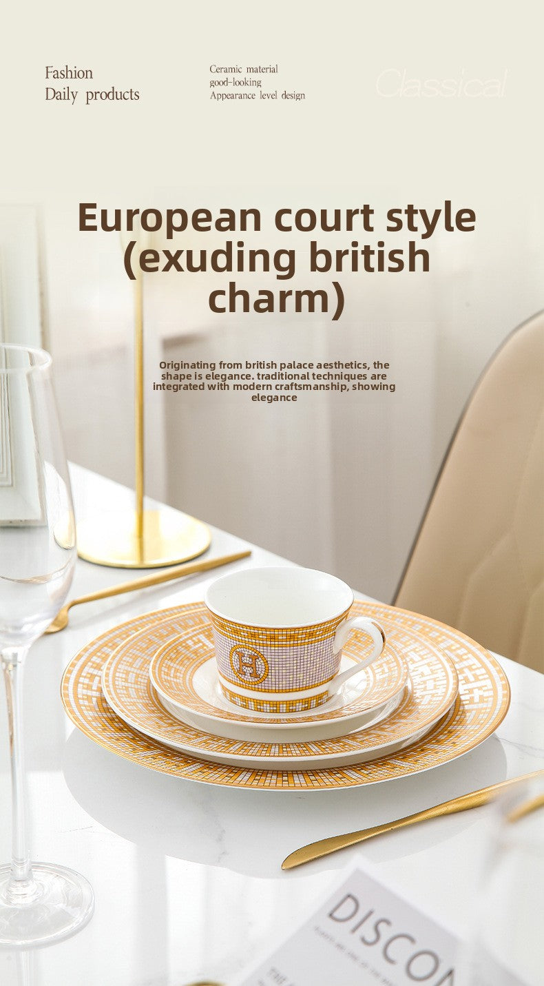 H European Style Round Plate Bone China Dish Plate Tableware Ceramic Plate Western Plate Light Luxury High-end Gold Trim