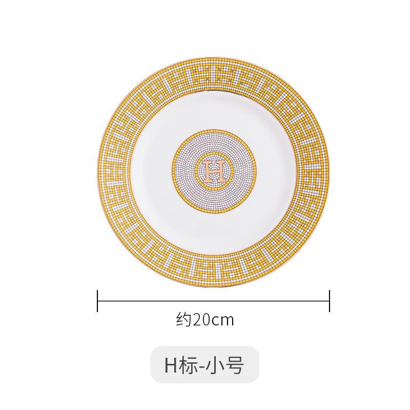 H European Style Round Plate Bone China Dish Plate Tableware Ceramic Plate Western Plate Light Luxury High-end Gold Trim