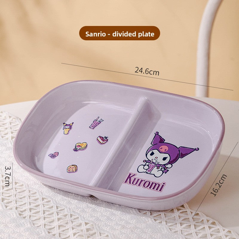 Authentic Sanrio Tableware Kuromi 2-Compartment Plate Children's Food Supplement Plate Ceramic High Temperature Resistant Baking Plate Baby Square Plate