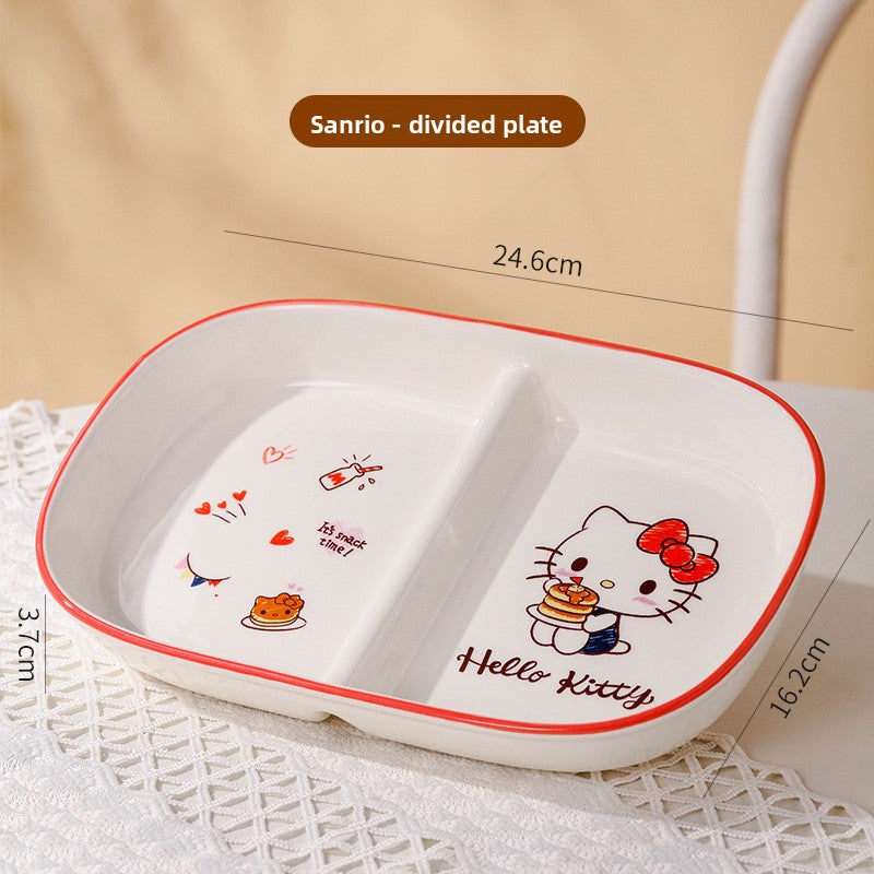 Authentic Sanrio Tableware Kuromi 2-Compartment Plate Children's Food Supplement Plate Ceramic High Temperature Resistant Baking Plate Baby Square Plate